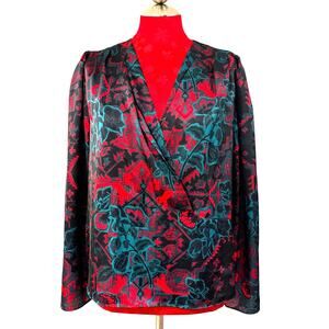 Ella Rafaella blouse Large (Petite) dressy top black red green abstract print